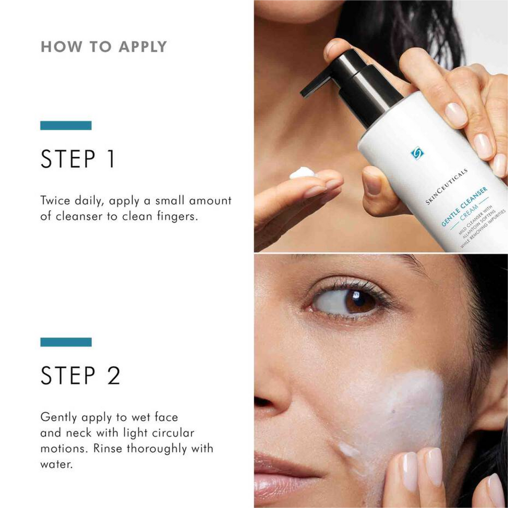 SkinCeuticals Gentle Cleanser in a cream formula, shown with hands applying the gentle cleanser for face cleansing.