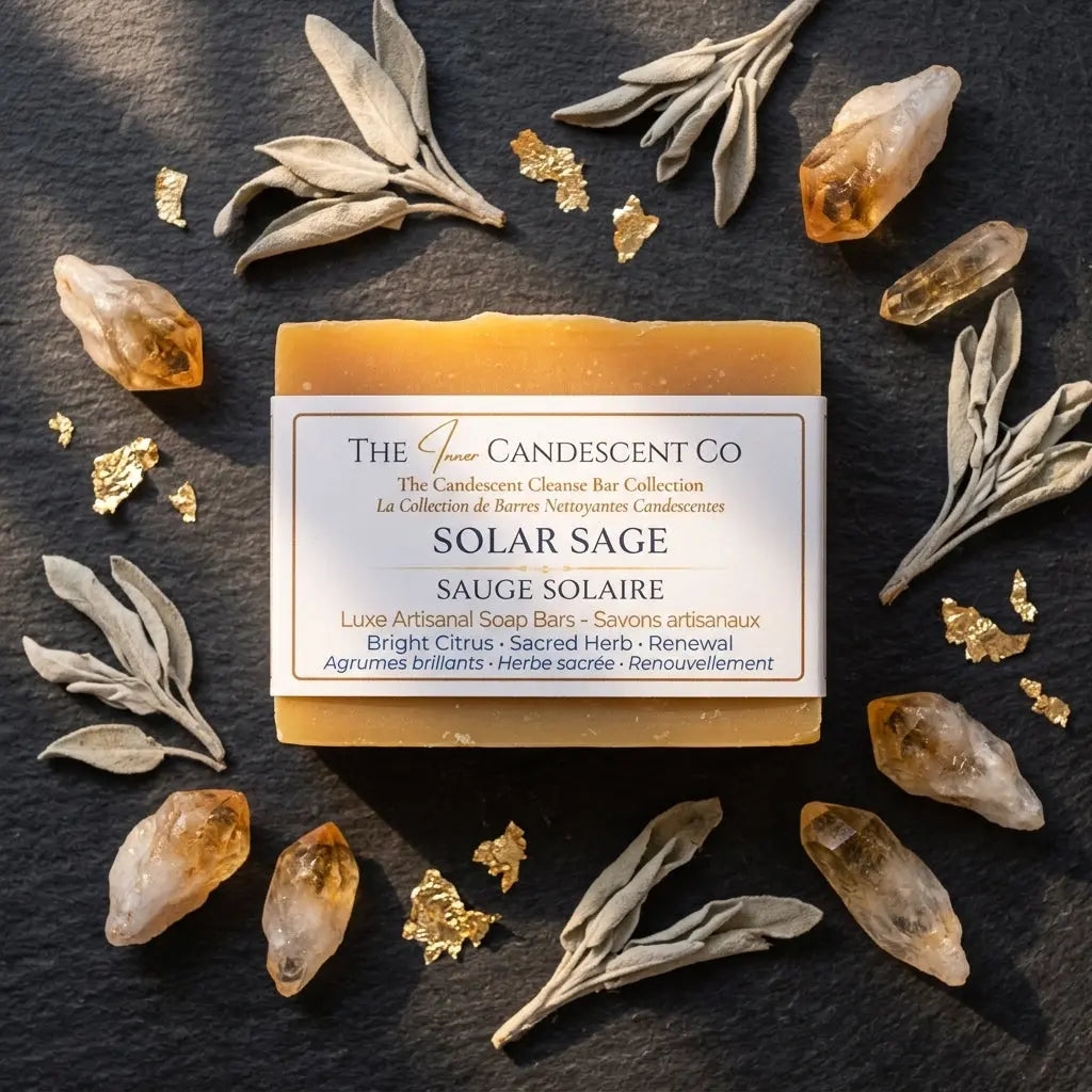 Handmade Solar Sage citrus herbal soap bar from The InnerCandescent Co, featuring a natural soap with herbal and citrus scent.