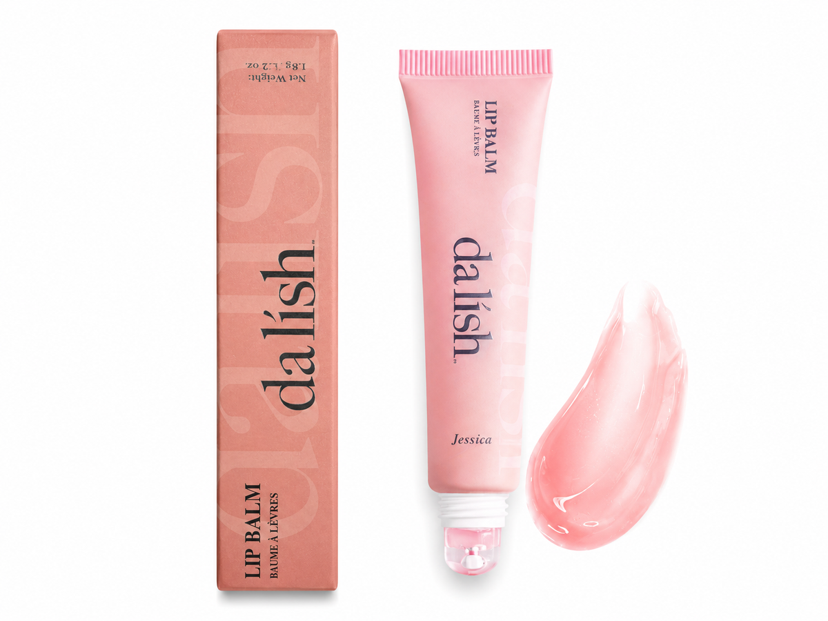 Da lish cosmetics hydrating tinted lip balm with buildable color, shown in a box set, designed for soft, healthy lips.