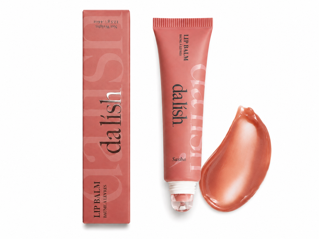 Hydrating tinted lip balm by da lish cosmetics with soft, buildable color and a sleek packaging design.