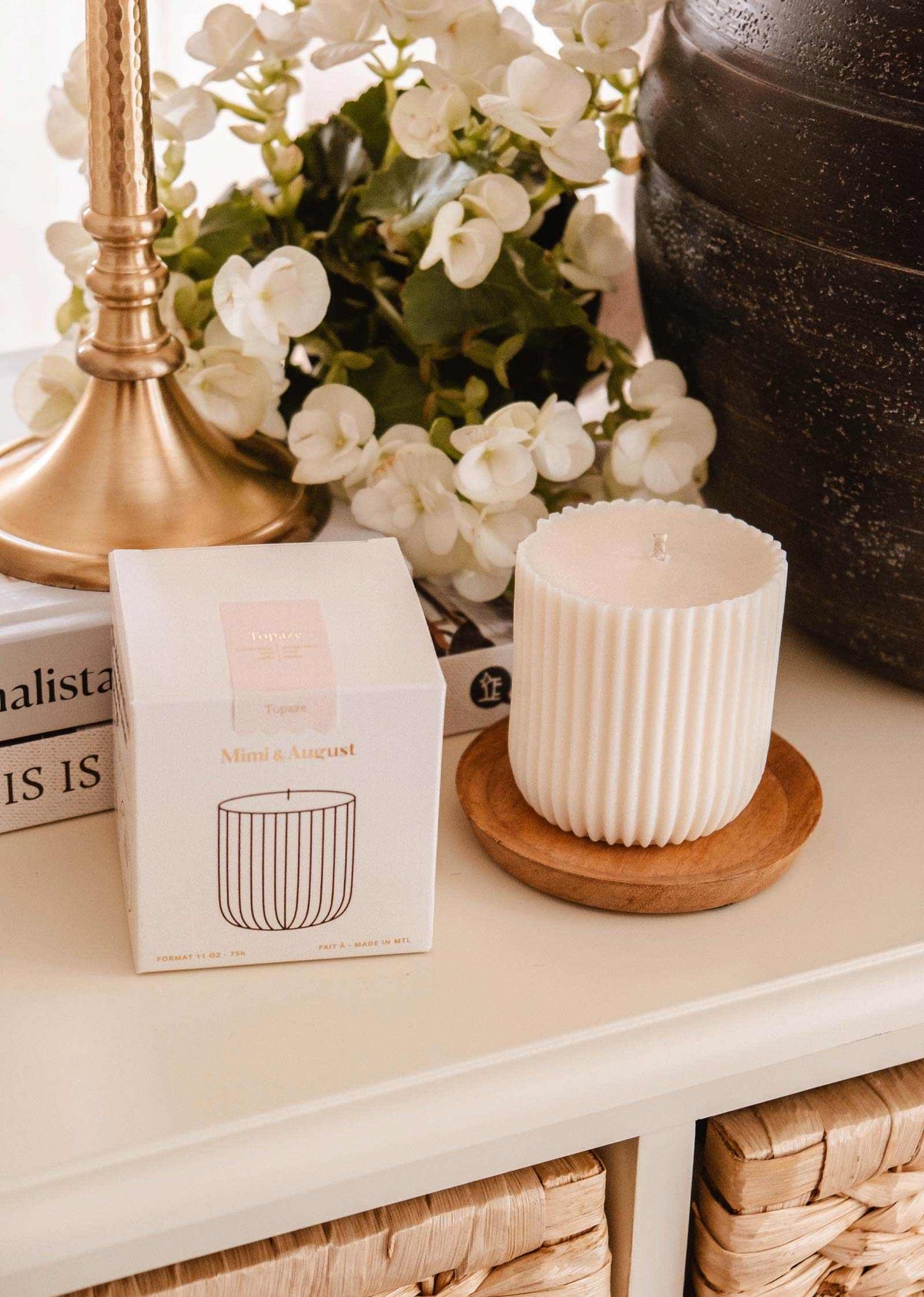 11 oz Topaze candle refill by Mimi & August for home decor, featuring a sleek design and vibrant topaz color.