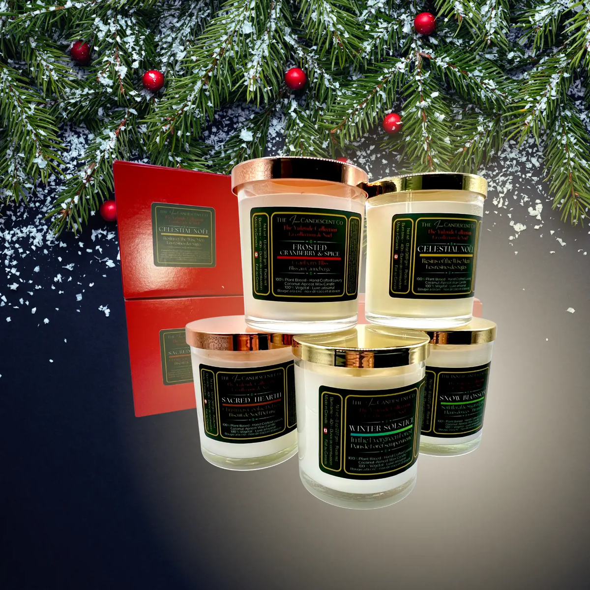 Luxury coconut apricot wax candle from The InnerCandescent Co, featuring a winter woods design with a cozy, festive aesthetic.