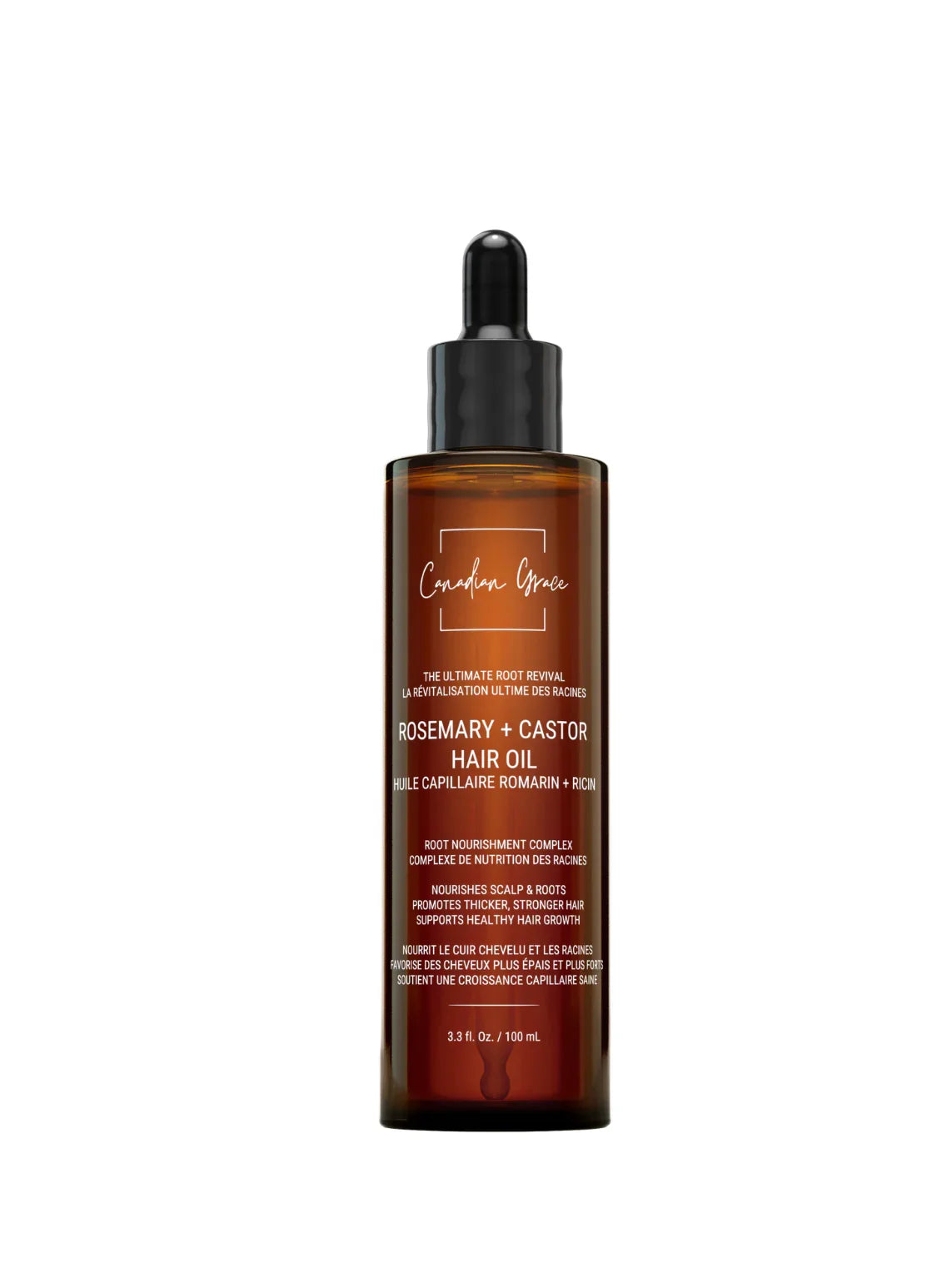 Canadian Grace Rosemary and Castor Hair Oil bottle with natural ingredients and applicator for scalp rejuvenation and hair growth.