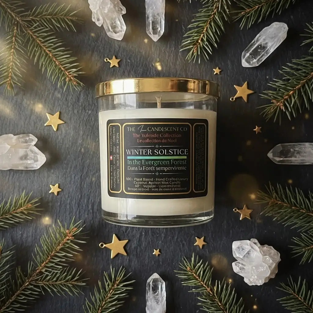 Luxury coconut apricot wax candle from The InnerCandescent Co, featuring a winter woods scent and cozy winter design.