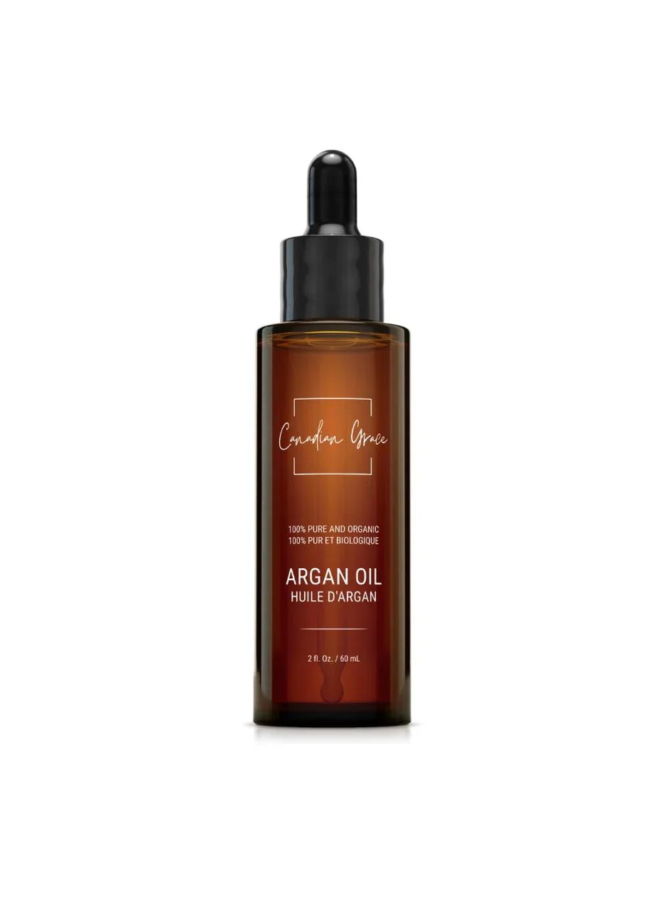 Organic 100% Argan Oil from Canadian Grace Wellness, shown in a glass bottle with a dropper, ideal for dry skin and frizz-prone hair.