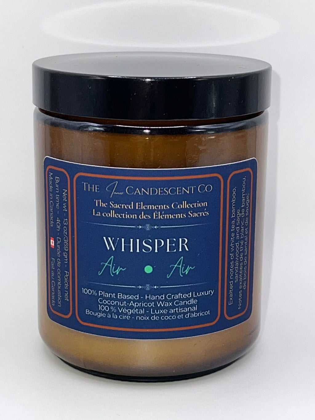 Whisper air element candle by The InnerCandescent Co featuring a sleek container and soft, airy design with a coconut apricot wax scent.