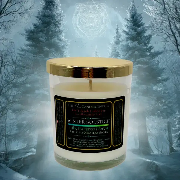 Luxury coconut apricot wax candle from The InnerCandescent Co featuring a winter woods design for winter ambiance.