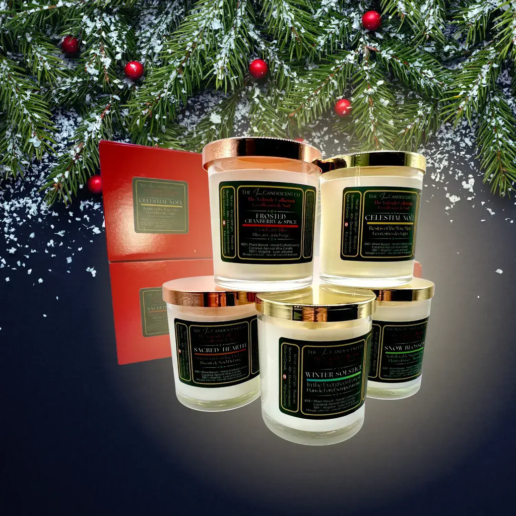 The InnerCandescent Co Sacred Hearth candle with warm spiced Christmas scent, featuring a cozy coconut and apricot wax blend.
