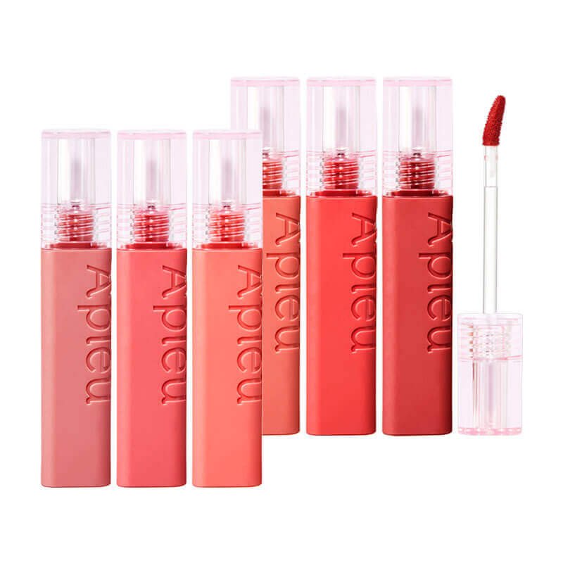 APIEU Juicy Pang Tint lip makeup in 3.5g tube, vibrant pink color, featuring the Lakinza K-beauty brand packaging and applicator.