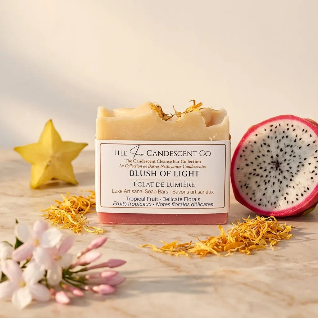 Pink Guava tropical soap bar from The InnerCandescent Co, showcasing a handmade blush of light-colored soap with floral accents.