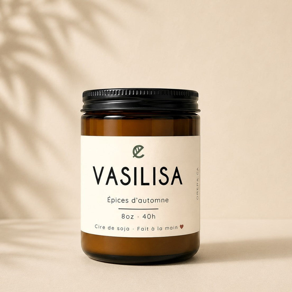 Soy wax candle VASILISA with autumn spices by La Sultana Savonnerie, featuring warm, natural tones and a rustic candle holder.