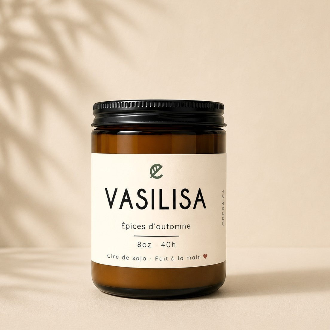 Soy wax candle VASILISA with autumn spices by La Sultana Savonnerie, featuring warm, natural tones and a rustic candle holder.
