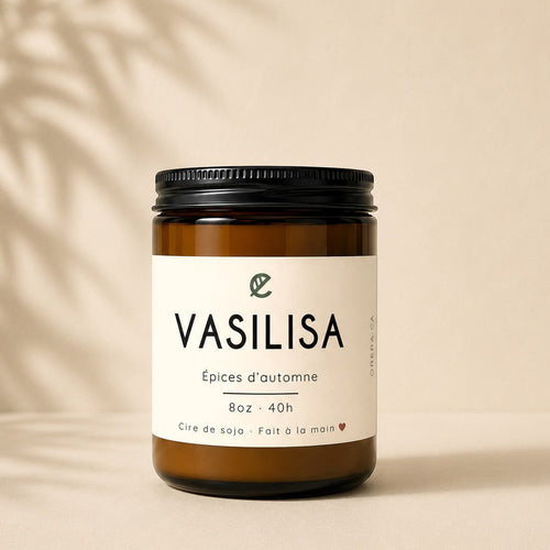 Soy wax candle VASILISA with autumn spices by La Sultana Savonnerie, featuring warm, natural tones and a rustic candle holder.