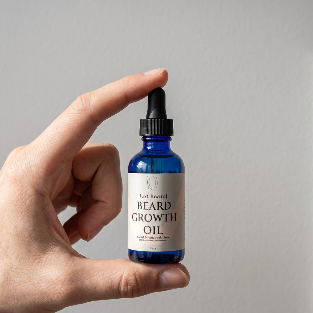 Pure Wash beard growth oil bottle with dropper, natural ingredients for beard nourishment and growth, on a neutral background.
