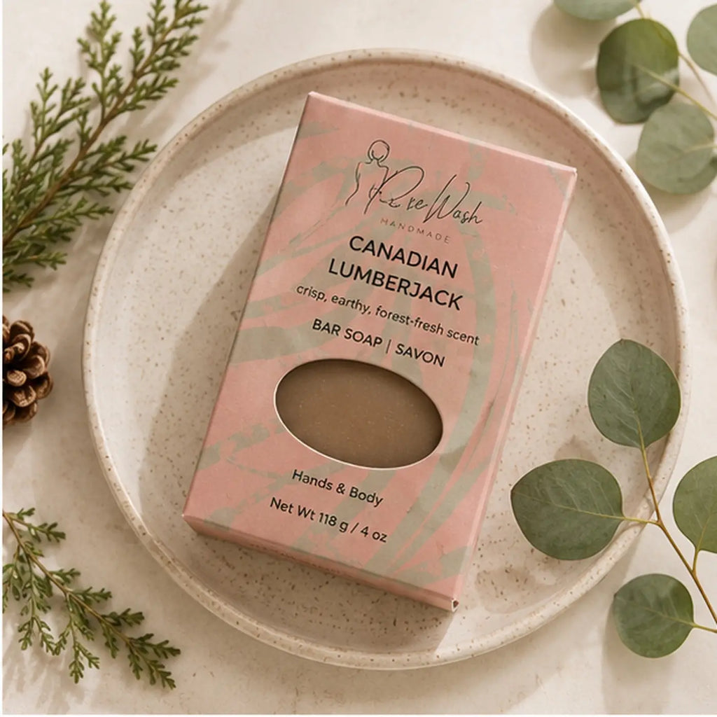 Canadian Lumberjack soap bar for men by Pure Wash, pink packaging with rugged wood design, ideal for masculine grooming.
