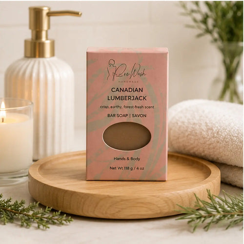Canadian Lumberjack Soap Bar for Men by Pure Wash in pink rectangular box, with rugged lumberjack branding and natural scent.