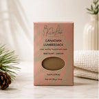 Pure Wash Canadian Lumberjack soap bar for men in a pink rectangular box, beige packaging, natural and rugged grooming product