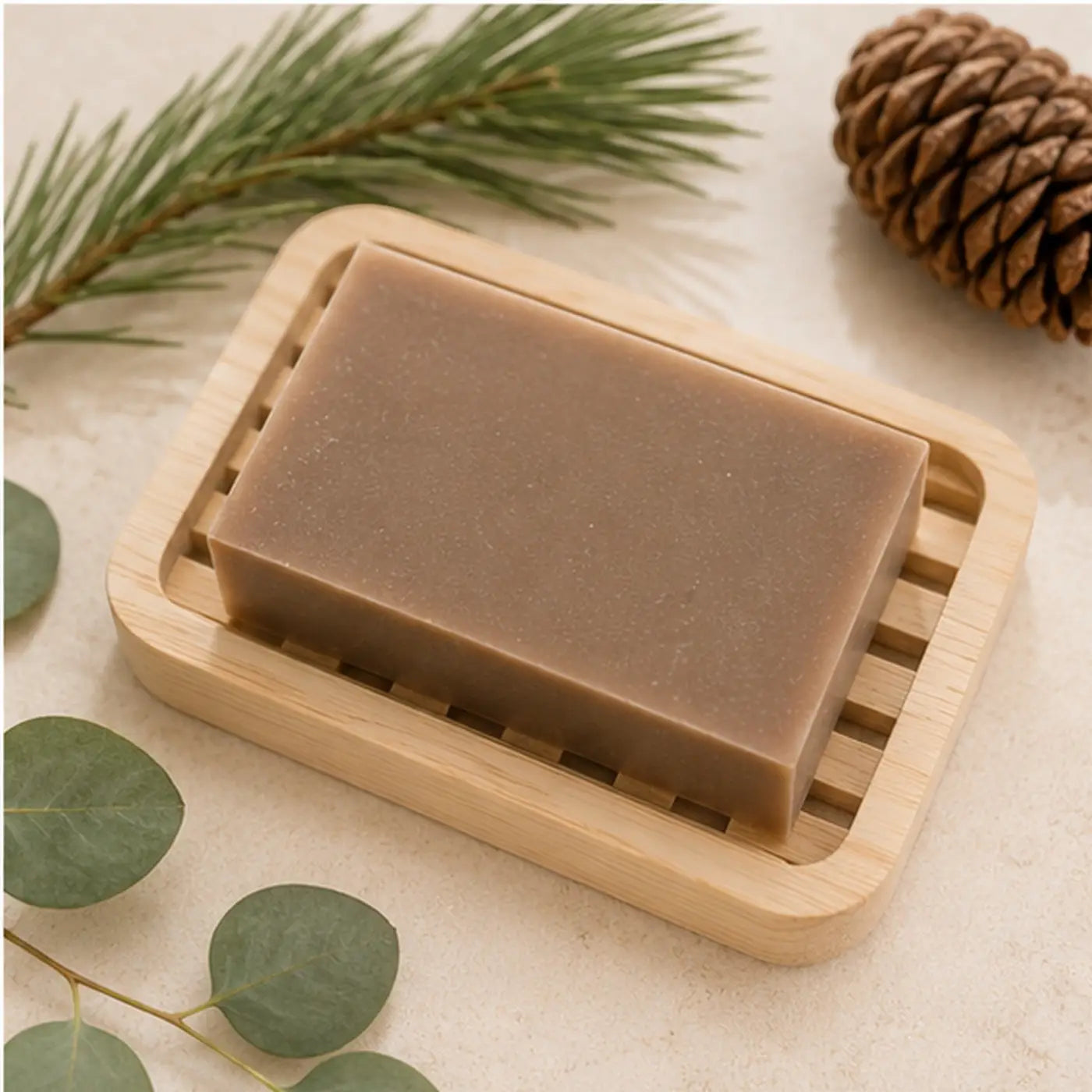 Pure Wash Canadian Lumberjack soap bar for men, rectangular earthy brown soap with rugged, natural appearance.