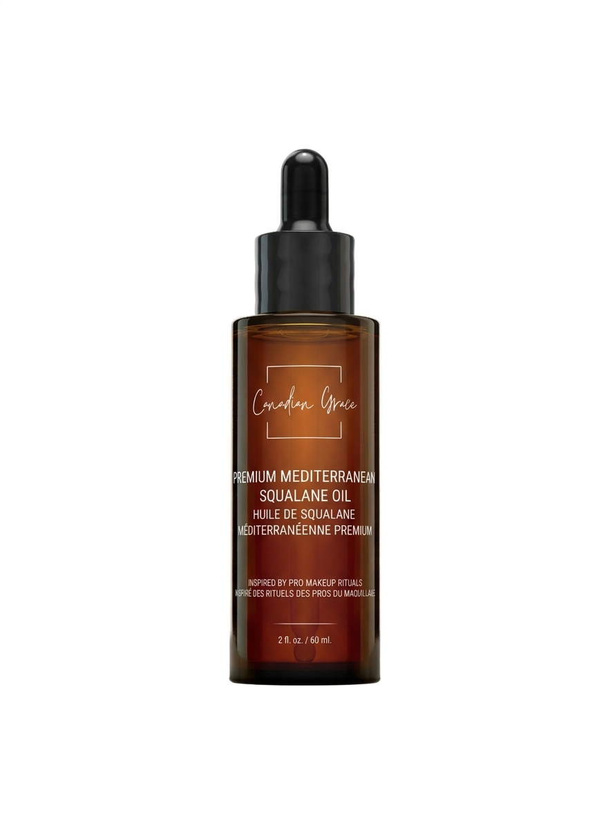 Canadian Grace Premium Mediterranean Squalane Oil bottle, natural skincare product for hydrating and smoothing skin before makeup application