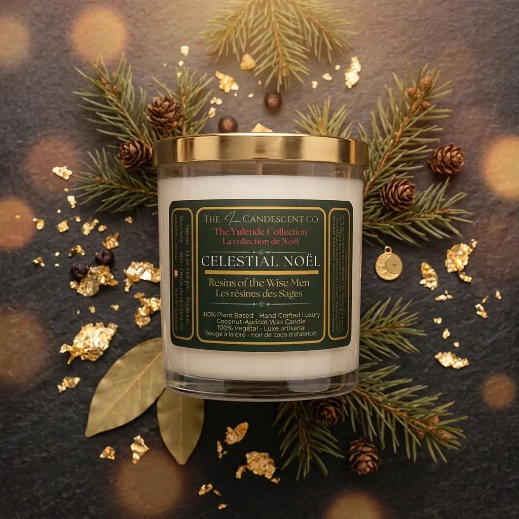 The InnerCandescent Co Celestial Noel candle with sacred floral design, featuring a luxury coconut apricot wax finish.