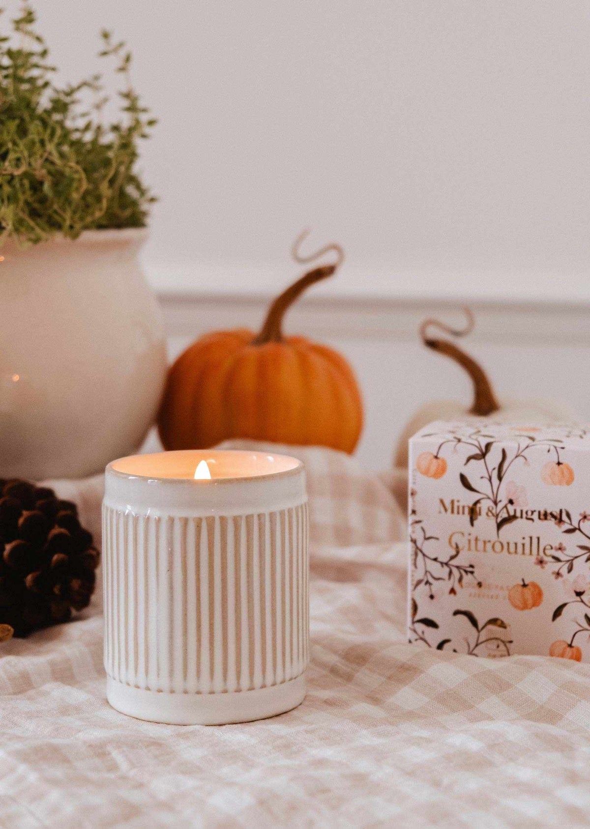 Decorative reusable soy candle shaped like a pumpkin from Mimi & August, ideal for home decor.