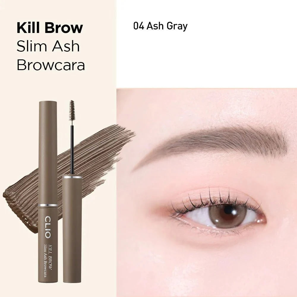 Clio Kill Brow Slim Ash Mascara 3g from Lakinza K-beauty, eye makeup product with slim wand for natural-looking brow enhancement.