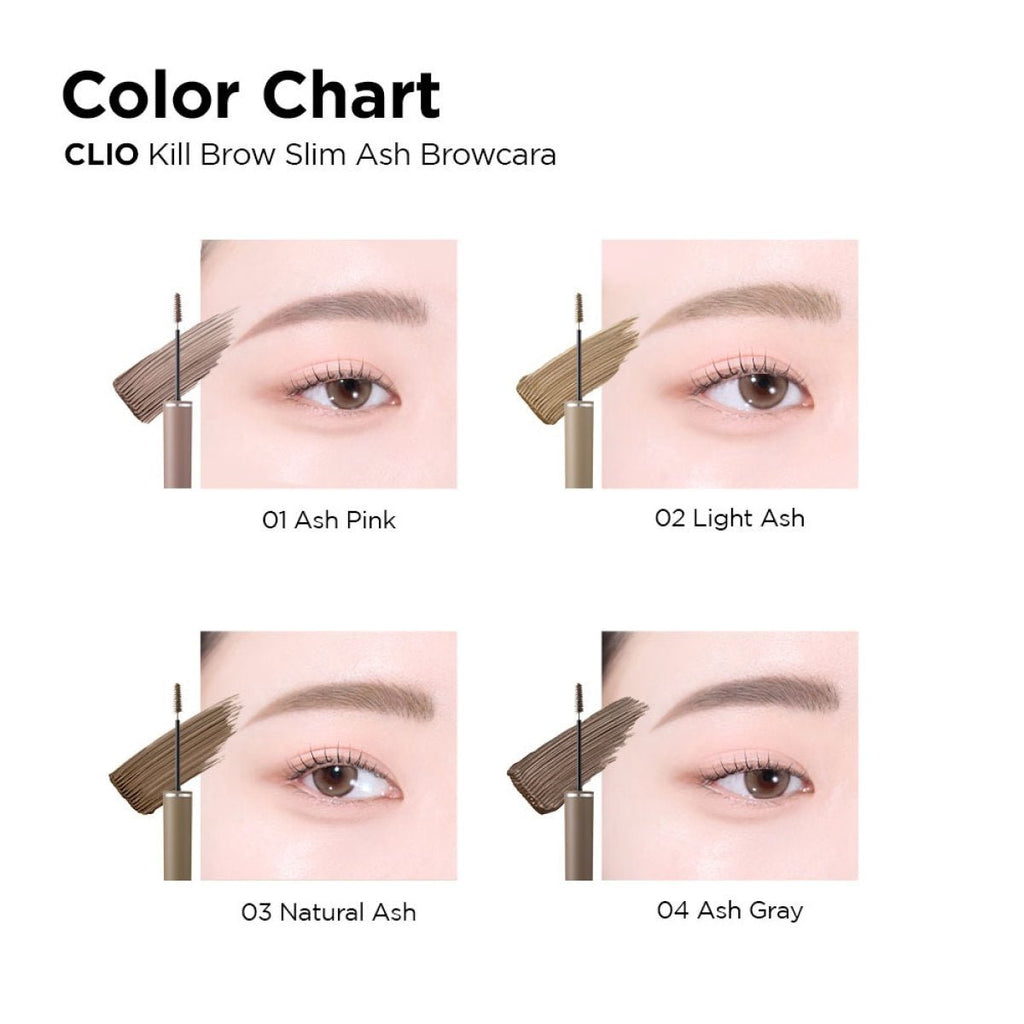 Clio Kill Brow Slim Ash Mascara 3g for eye makeup, featuring a slim brush and ash-toned formula by Lakinza K-beauty.