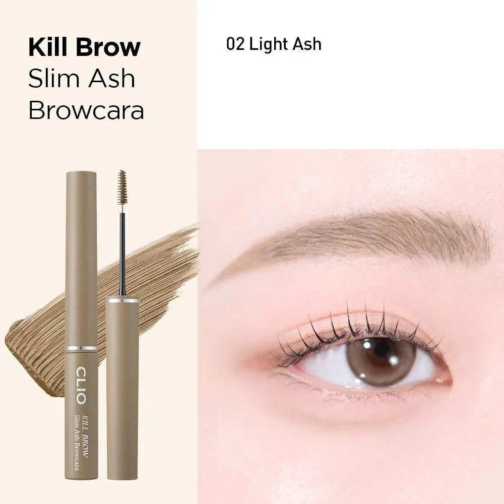 Lakinza K-beauty Clio Kill Brow Slim Ash Mascara 3g, eye makeup product with slim brush for defining eyebrows.