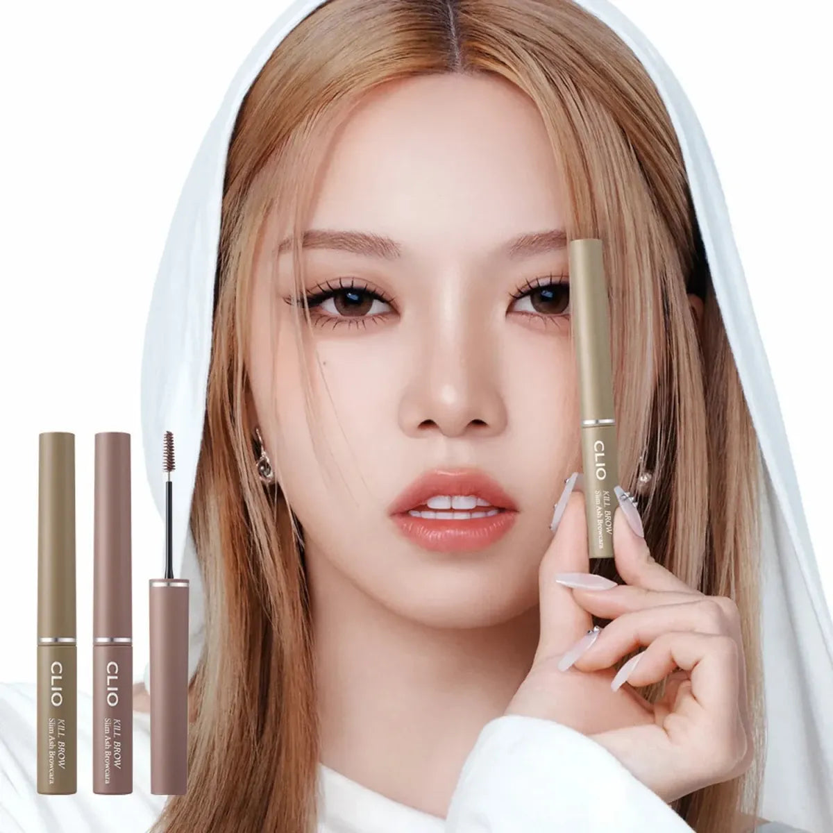 Clio Kill Brow Slim Ash Mascara 3g from Lakinza K-beauty, eye makeup product with a slim brush for defining eyebrows.