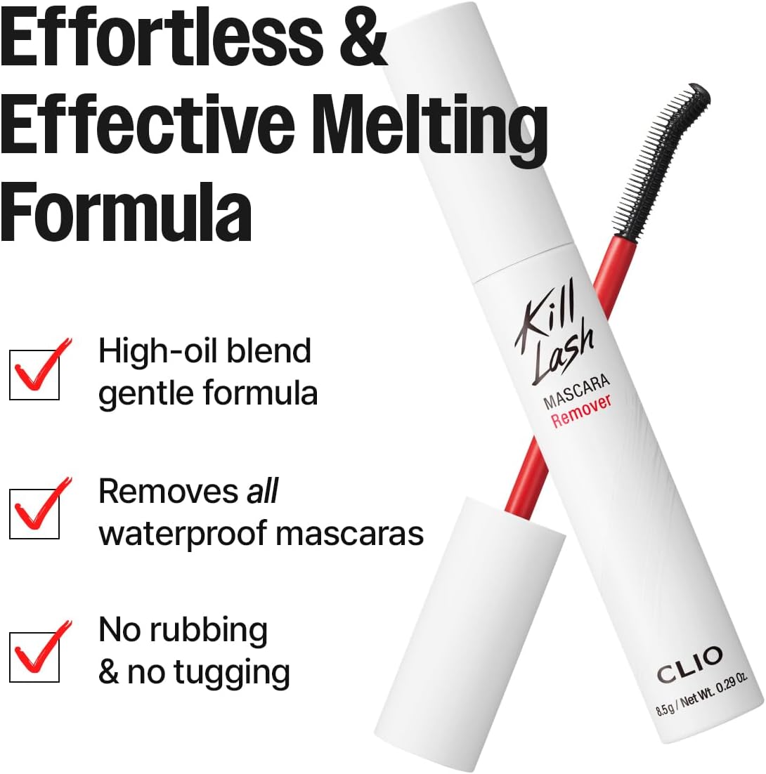 Lakinza K-beauty CLIO Kill Lash Mascara Remover 8.5g for eye makeup removal, with a white bottle and black cap.