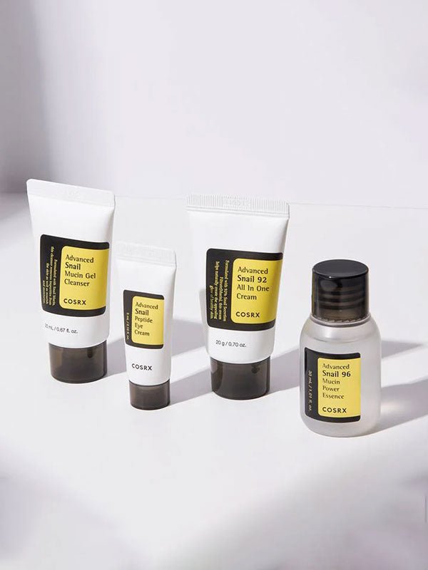 Lakinza COSRX All About Snail Kit trial set with skincare products including snail mucin essence and moisturizer