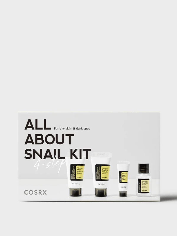 Lakinza COSRX All About Snail Kit trial set featuring snail mucous skincare products for hydration and skin repair.