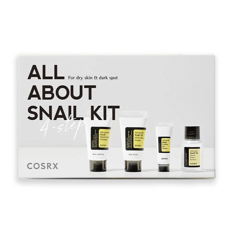 COSRX All About Snail Kit trial set by Lakinza featuring skincare products with snail mucin for nourishing and hydrating skin.