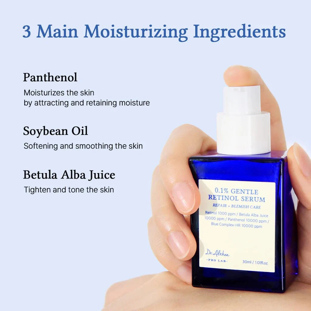 Dr.Althea 0.1% Gentle Retinol Serum in a 30ml bottle, featuring clear packaging and dropper applicator, by Lakinza K-beauty.