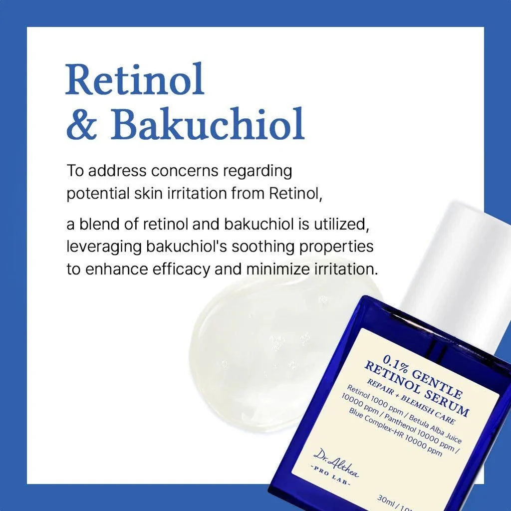 Lakinza Dr. Althea 0.1% Gentle Retinol Serum 30ml bottle, clear glass container with pump, on a white background.