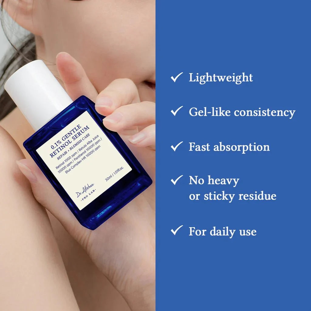 Dr.Althea 0.1% Gentle Retinol Serum in a 30ml bottle, featuring clear packaging with a dropper for skincare application.