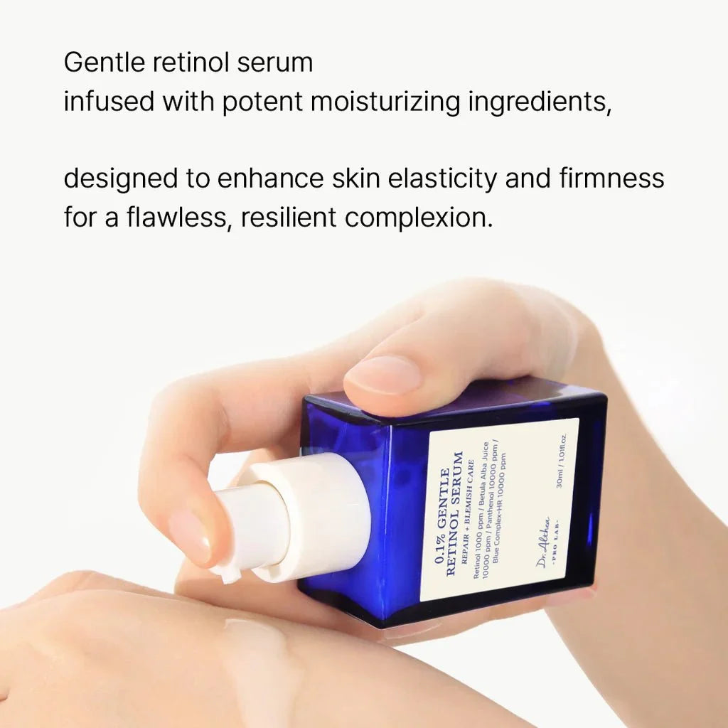 Dr.Althea 0.1% Gentle Retinol Serum in 30ml bottle, K-beauty skincare product with clear dropper and sleek packaging.