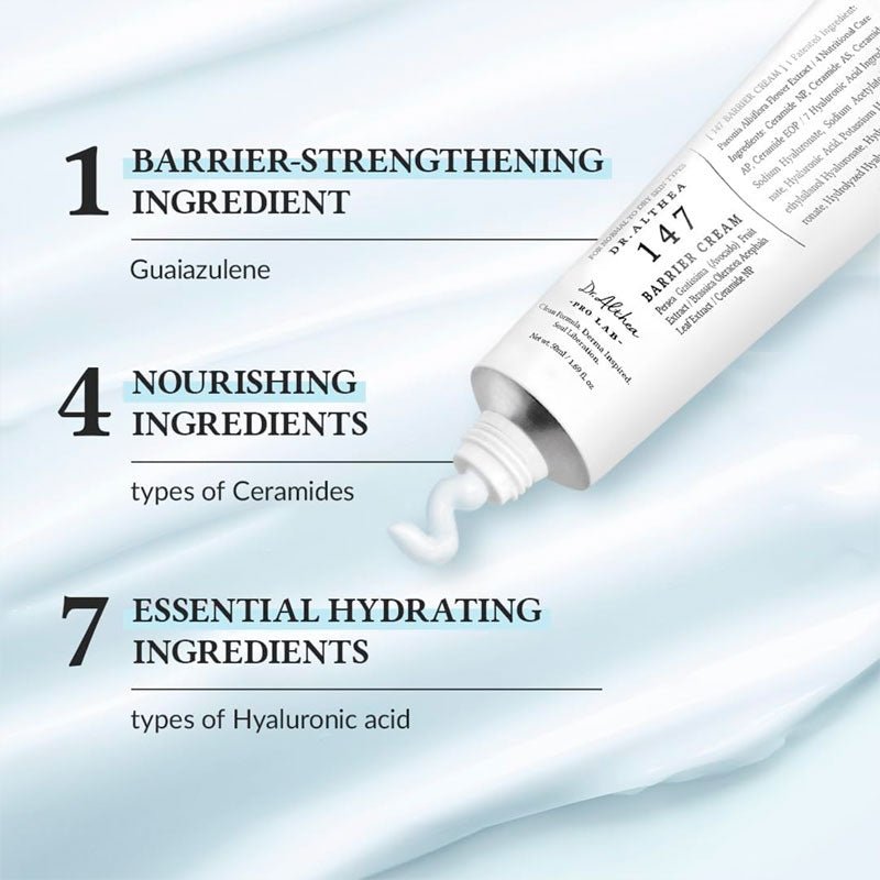 Lakinza Dr. Althea 147 Barrier Cream 50ml in a jar, featuring creamy texture and skincare benefits for skin barrier protection