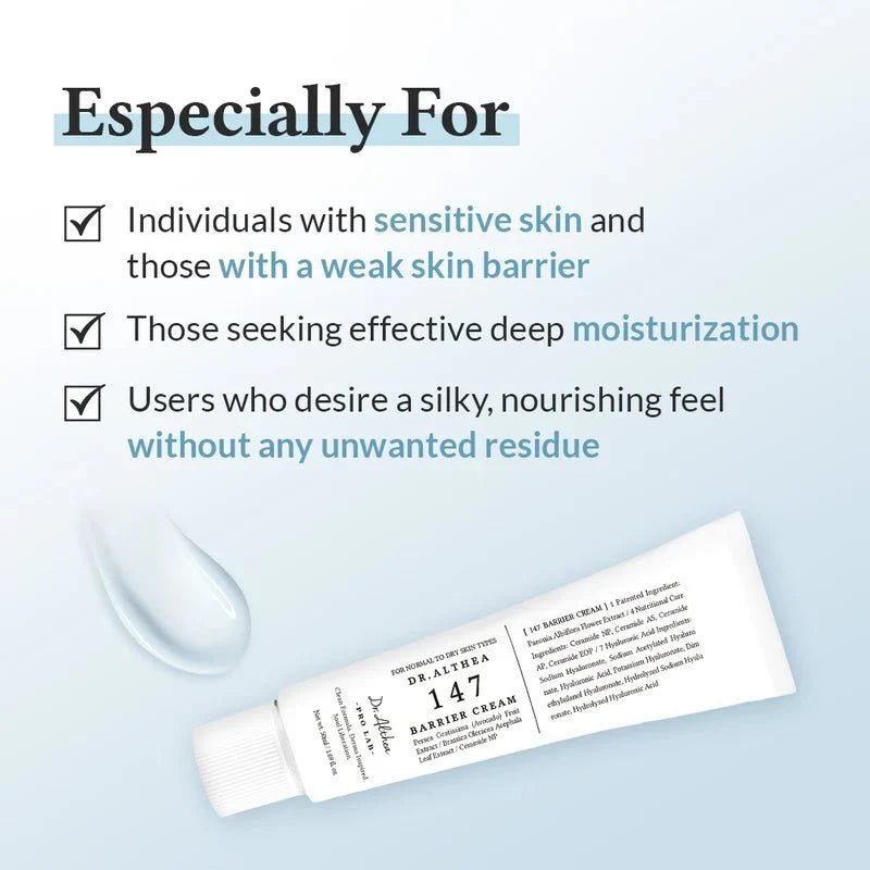 Lakinza Dr. Althea 147 Barrier Cream 50ml, moisturizing Korean skincare cream in a white jar with blue accents