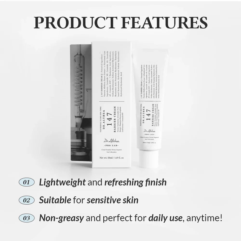 Lakinza Dr. Althea 147 Barrier Cream 50ml in a white jar, Korean skincare cream for skin protection and hydration.