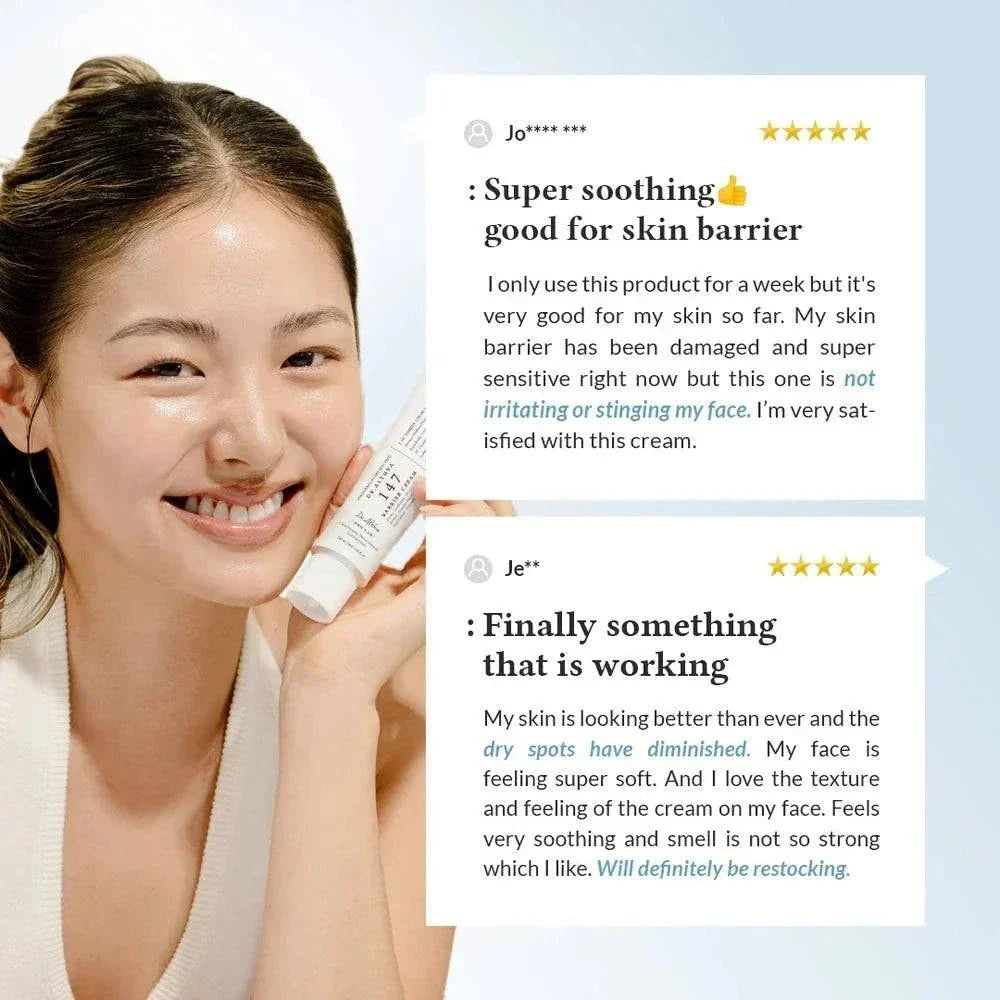 Lakinza K-beauty Dr. Althea 147 Barrier Cream 50ml jar with cream inside, designed for skin barrier protection and hydration.