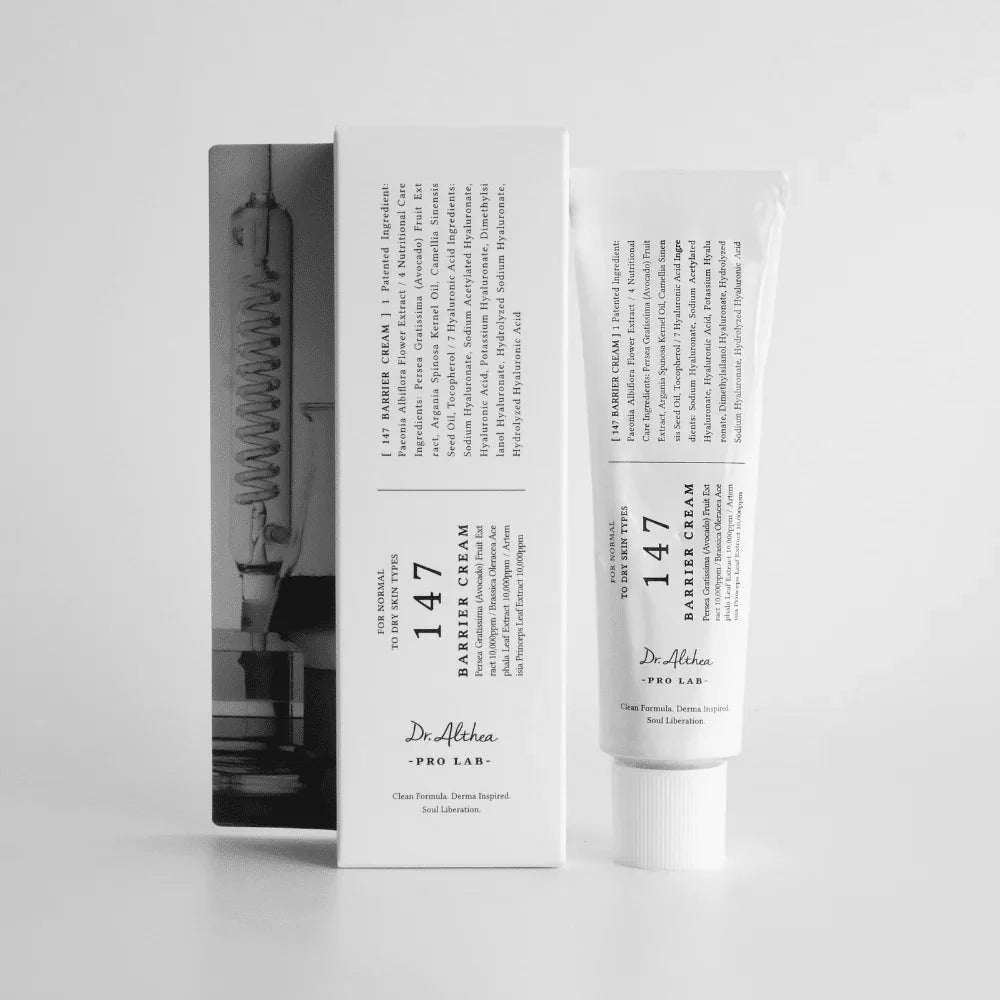 Lakinza K-beauty Dr. Althea 147 Barrier Cream 50ml jar with white cream, designed for skin protection and hydration.