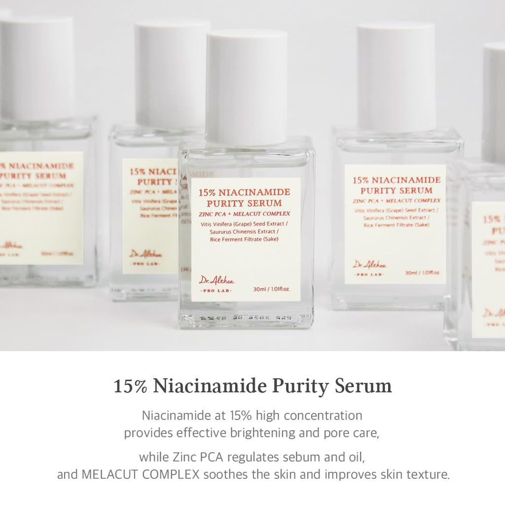 Lakinza Dr. Althea 15% Niacinamide Purity Serum 30ml bottle, clear glass container with pump dispenser, on a white background.