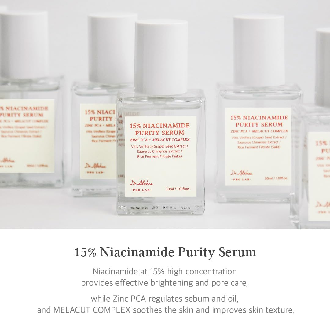 Lakinza Dr. Althea 15% Niacinamide Purity Serum 30ml bottle, clear glass container with pump dispenser, on a white background.