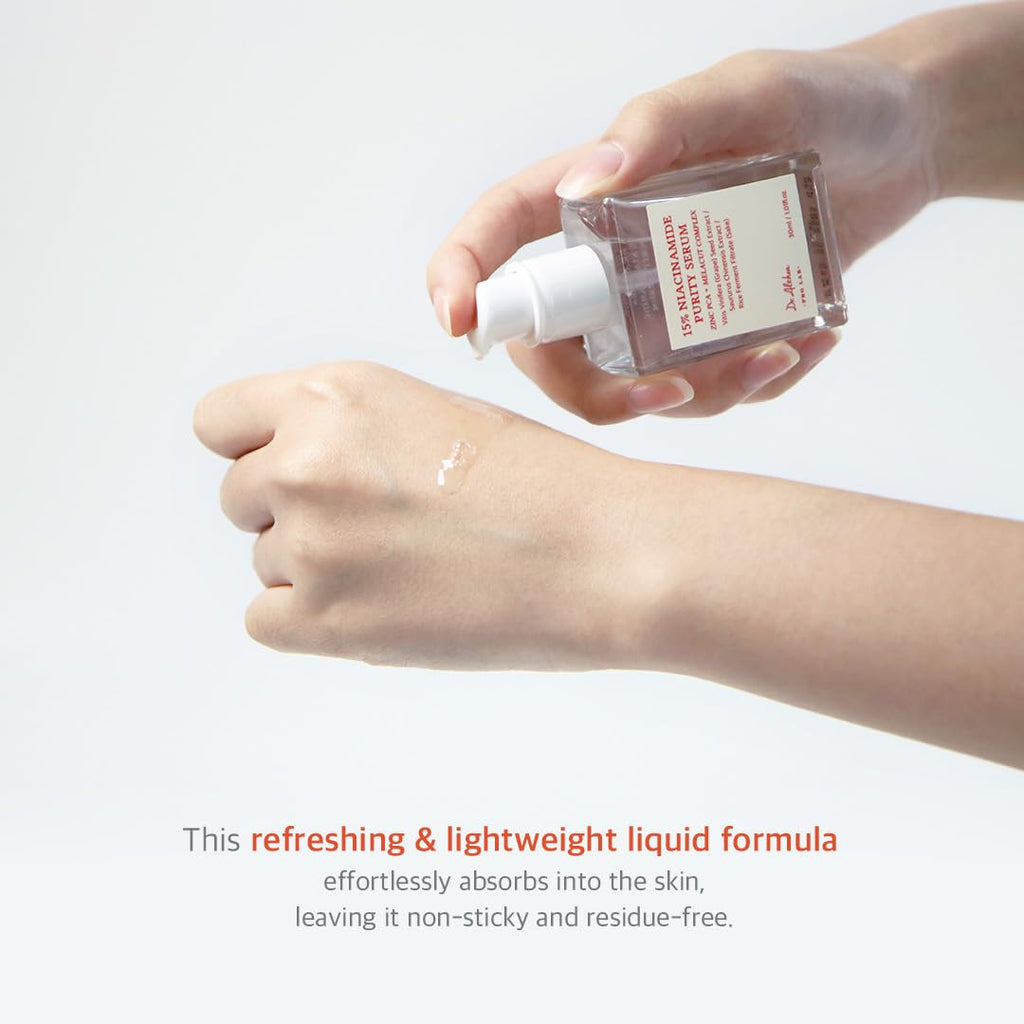 Dr. Althea 15% Niacinamide Purity Serum in a 30ml bottle, featuring a sleek design with the serum's label visible.