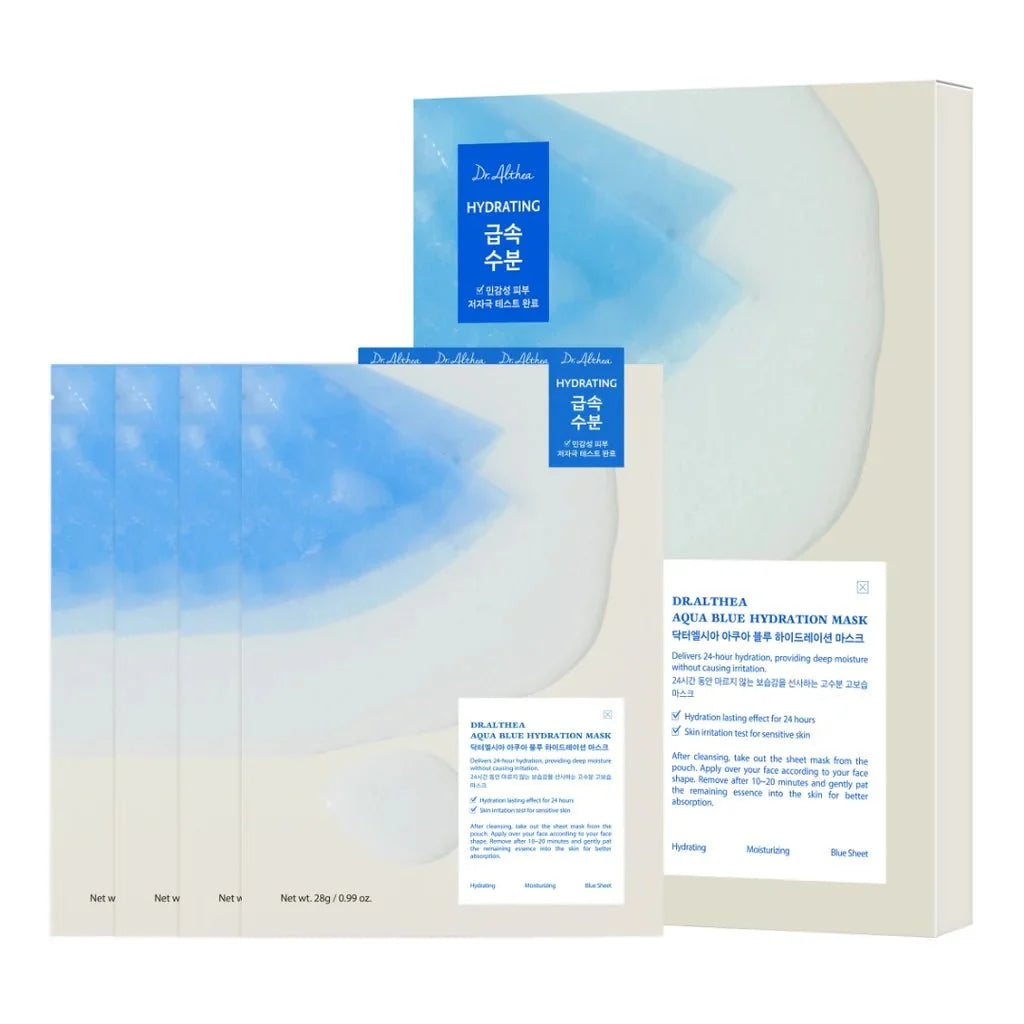 Lakinza Dr. Althea Aqua Blue Hydration Mask in 28g jar, hydrating K-beauty skincare mask with blue gel texture.