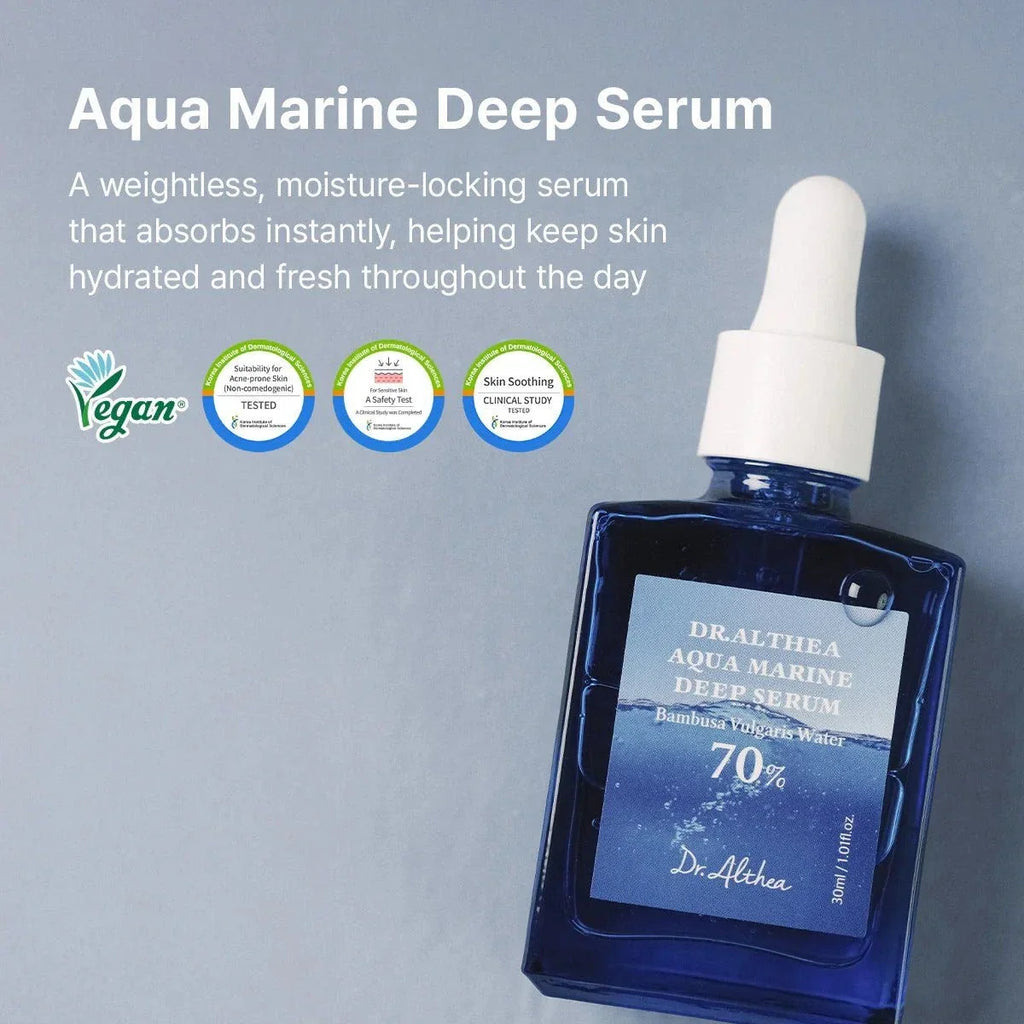 Dr.Althea Aqua Marine Deep Serum 30ml bottle from Lakinza K-beauty, showcasing the hydrating serum in a clear bottle with a pump dispenser.