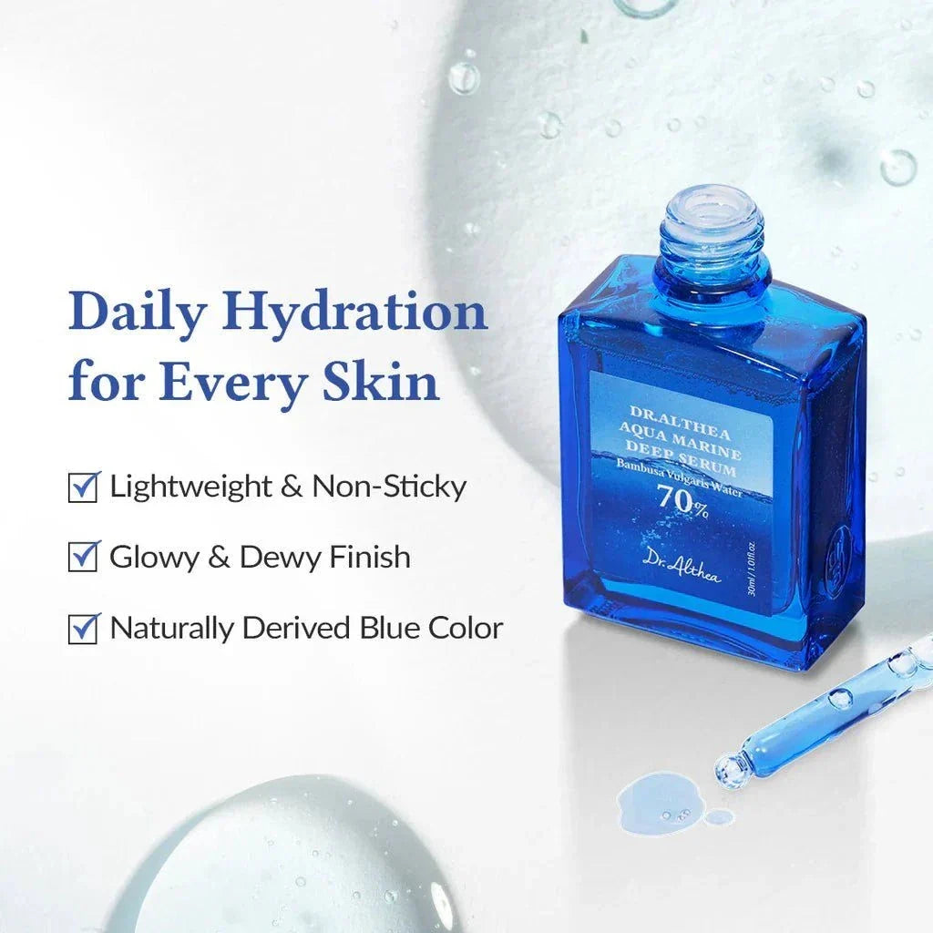 Dr. Althea Aqua Marine Deep Serum 30ml in a clear bottle, showcasing the hydrating serum from Lakinza K-beauty.