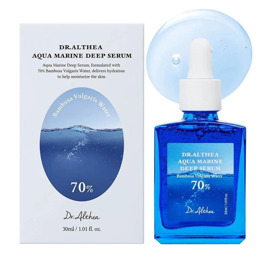 Dr. Althea Aqua Marine Deep Serum 30ml in a clear glass bottle, featuring a dropper cap, for hydrating skincare.