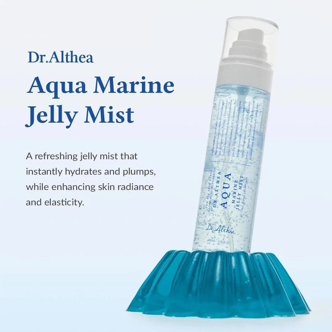 Dr.Althea Aqua Marine Jelly Mist 100ml K-beauty toner in a clear spray bottle with blue and white label for hydration and refreshing skin.